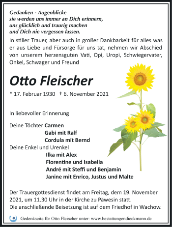 Traueranzeige von Otto Fleischer von Märkische Oderzeitung