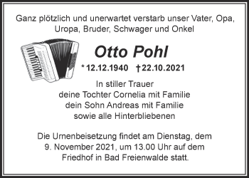 Traueranzeige von Otto Pohl von Märkische Oderzeitung