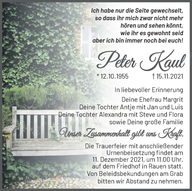  Traueranzeige für Peter Kaul vom 27.11.2021 aus Märkische Oderzeitung