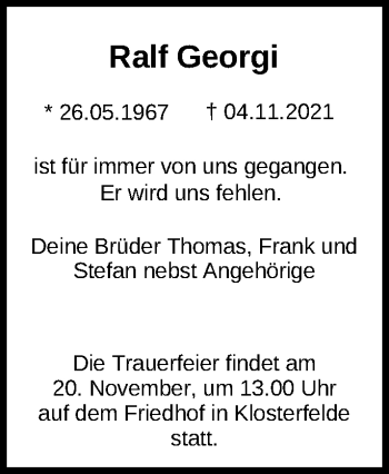 Traueranzeige von Ralf Georgi von Märkische Oderzeitung