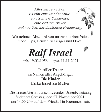 Traueranzeige von Ralf Israel von Märkische Oderzeitung