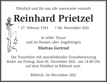 Traueranzeige von Reinhard Prietzel von Märkische Oderzeitung