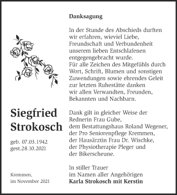 Traueranzeige von Siegfried Strokosch von Märkische Oderzeitung