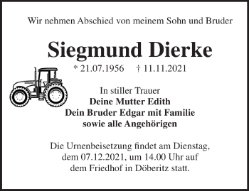 Traueranzeige von Siegmund Dierke von Märkische Oderzeitung