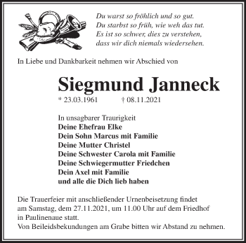 Traueranzeige von Siegmund Janneck von Märkische Oderzeitung