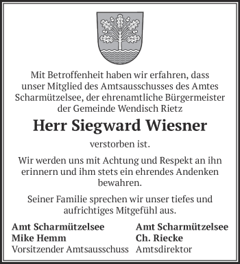 Traueranzeige von Siegward Wiesner von Märkische Oderzeitung