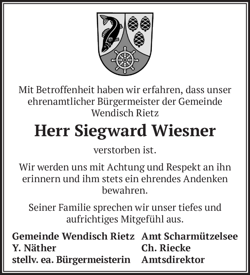  Traueranzeige für Siegward Wiesner vom 13.11.2021 aus Märkische Oderzeitung