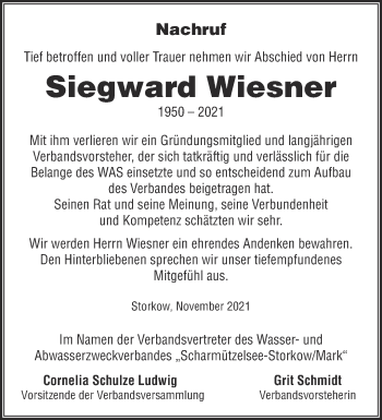 Traueranzeige von Siegward Wiesner von Märkische Oderzeitung