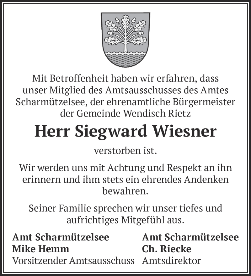  Traueranzeige für Siegward Wiesner vom 13.11.2021 aus Märkische Oderzeitung