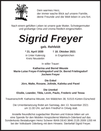 Traueranzeige von Sigrid Freyer von Märkische Oderzeitung