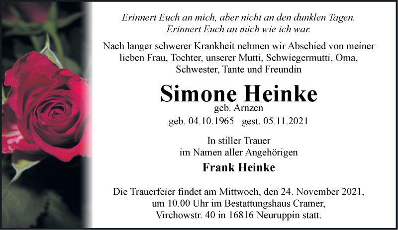 Traueranzeige für Simone Heinke vom 13.11.2021 aus Märkische Oderzeitung
