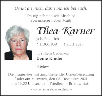 Traueranzeige von Thea Karner von Märkische Oderzeitung