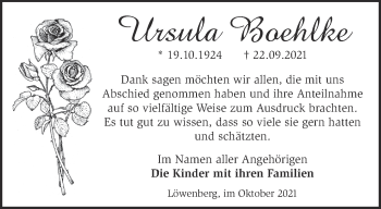 Traueranzeige von Ursula Boehlke von Märkische Oderzeitung