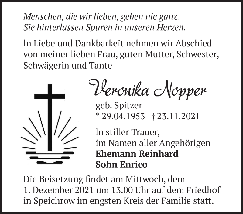  Traueranzeige für Veronika Nopper vom 27.11.2021 aus Märkische Oderzeitung