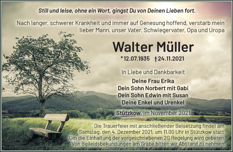  Traueranzeige für Walter Müller vom 27.11.2021 aus Märkische Oderzeitung