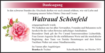 Traueranzeige von Waltraud Schönfeld von Märkische Oderzeitung