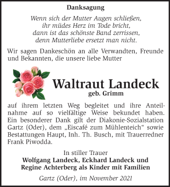 Traueranzeige von Waltraut Landeck von Märkische Oderzeitung