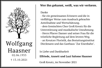 Traueranzeige von Wolfgang Haasner von Märkische Oderzeitung