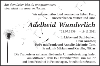 Traueranzeige von Adelheid Wunderlich von Märkische Oderzeitung