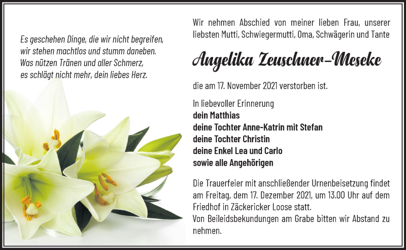  Traueranzeige für Angelika Zeuschner-Meseke vom 10.12.2021 aus Märkische Oderzeitung