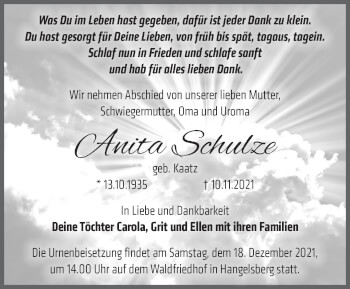 Traueranzeige von Anita Schulze von Märkische Oderzeitung