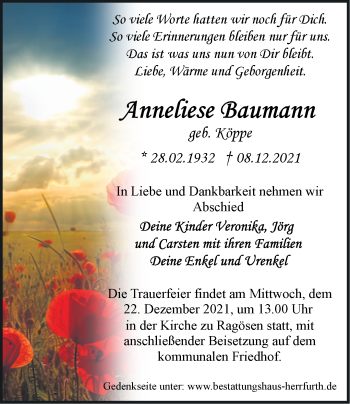 Traueranzeige von Anneliese Baumann von Märkische Oderzeitung