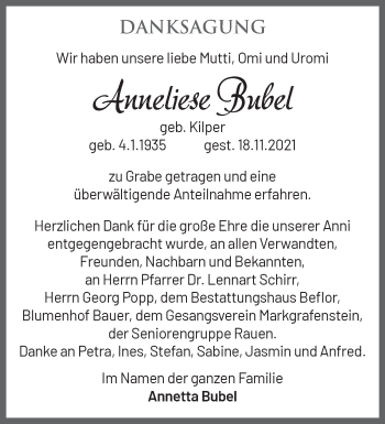 Traueranzeige von Anneliese Bubel von Märkische Oderzeitung