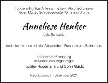 Traueranzeige von Anneliese Henker von Märkische Oderzeitung