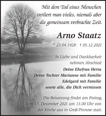 Traueranzeige von Arno Staatz von Märkische Oderzeitung