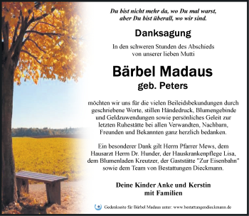 Traueranzeige von Bärbel Madaus von Märkische Oderzeitung