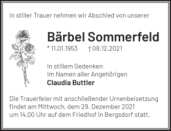 Traueranzeige von Bärbel Sommerfeld von Märkische Oderzeitung