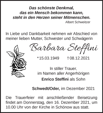 Traueranzeige von Barbara Steffini von Märkische Oderzeitung