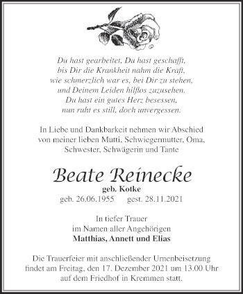 Traueranzeige von Beate Reinecke von Märkische Oderzeitung