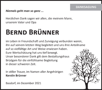 Traueranzeige von Bernd Brünner von Märkische Oderzeitung