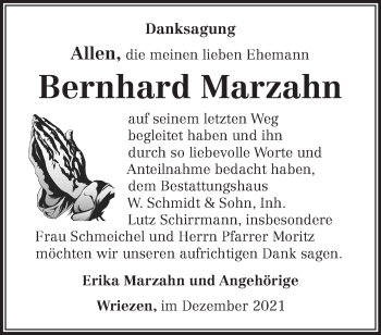 Traueranzeige von Bernhard Marzahn von Märkische Oderzeitung