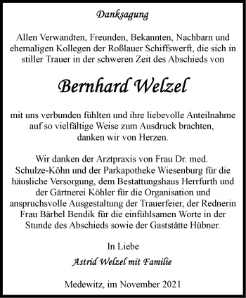 Traueranzeige von Bernhard Welzel von Märkische Oderzeitung