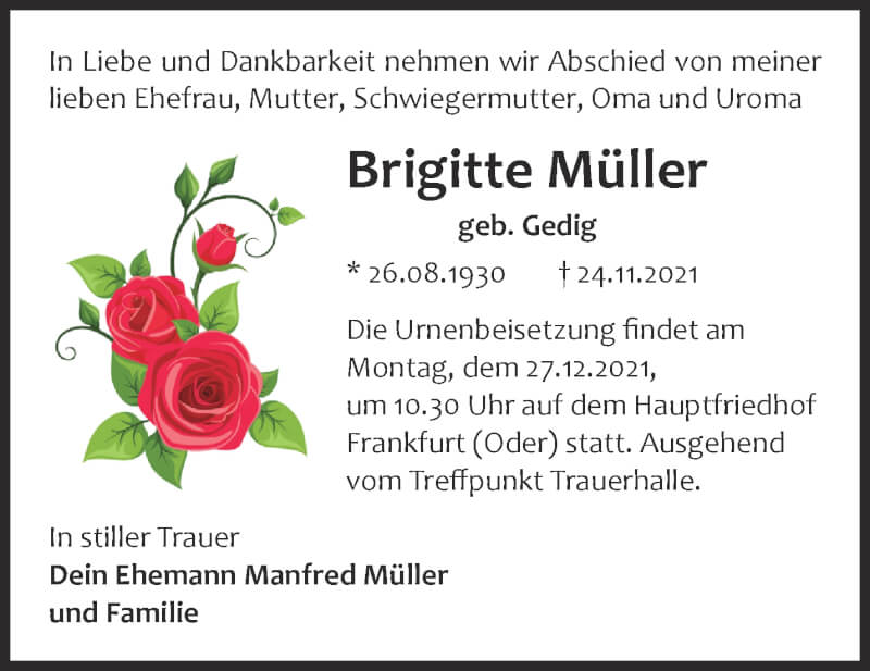  Traueranzeige für Brigitte Müller vom 11.12.2021 aus Märkische Oderzeitung