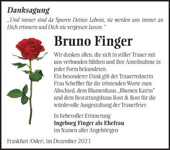 Traueranzeige von Bruno Finger von Märkische Oderzeitung