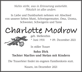 Traueranzeige von Charlotte Modrow von Märkische Oderzeitung