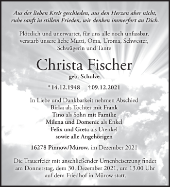 Traueranzeige von Christa Fischer von Märkische Oderzeitung