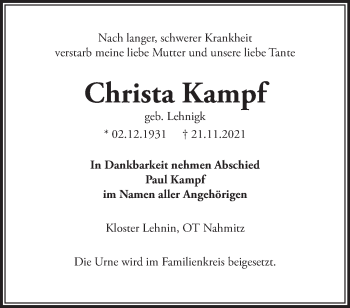 Traueranzeige von Christa Kampf von Märkische Oderzeitung