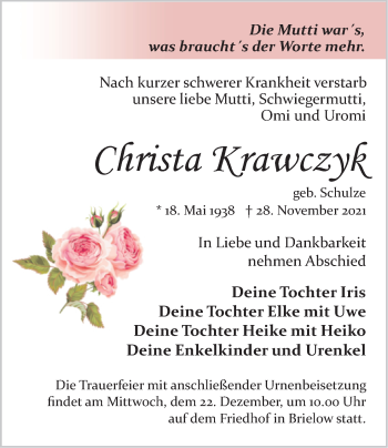 Traueranzeige von Christa Krawczyk von Märkische Oderzeitung