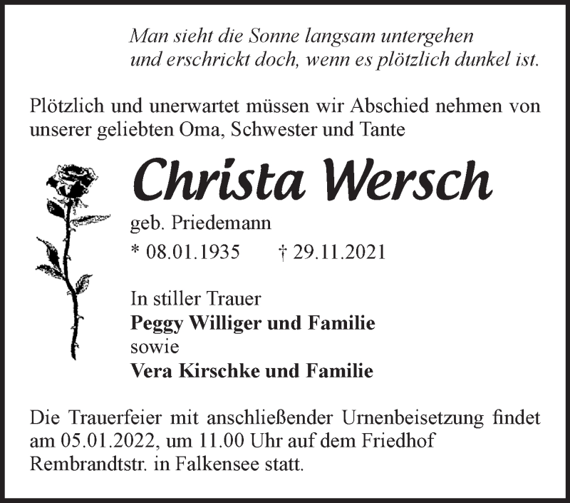 Traueranzeigen Von Christa Wersch Märkische Onlinezeitung Trauerportal 