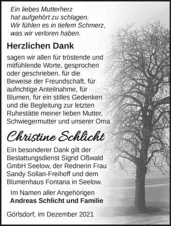 Traueranzeige von Christine Schlicht von Märkische Oderzeitung