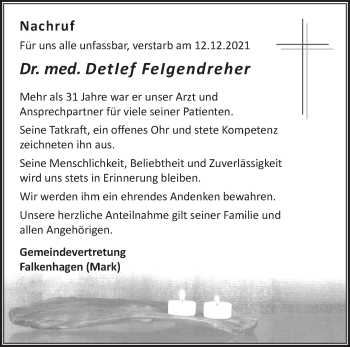 Traueranzeige von Detlef Felgendreher von Märkische Oderzeitung