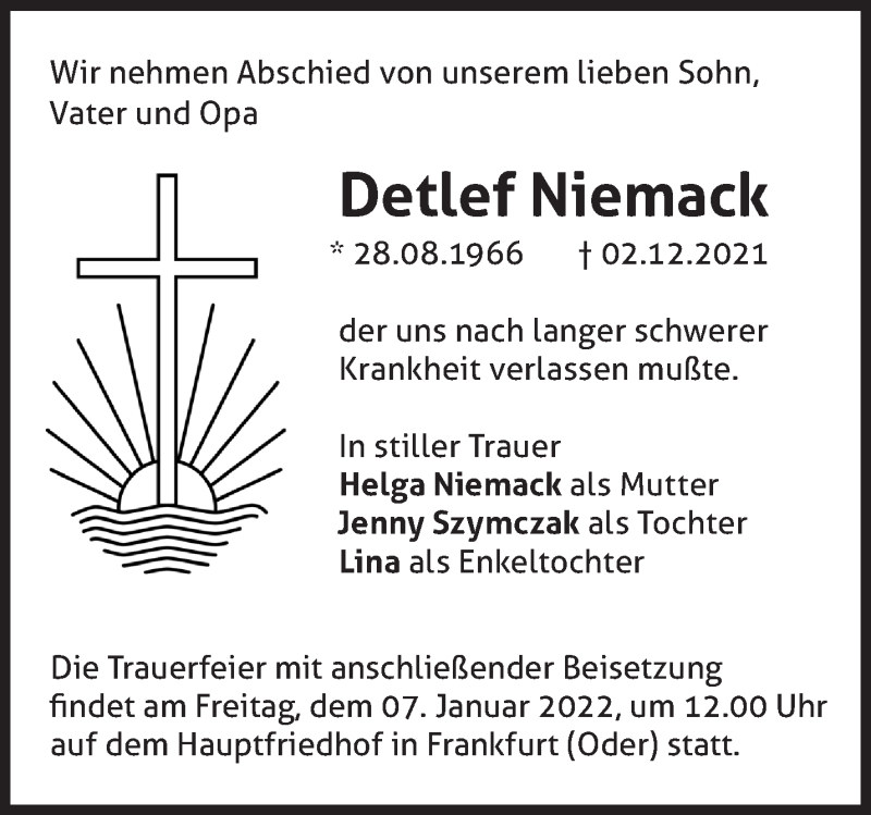  Traueranzeige für Detlef Niemack vom 31.12.2021 aus Märkische Oderzeitung