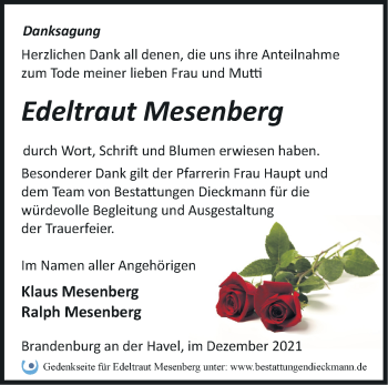 Traueranzeige von Edeltraut Mesenberg von Märkische Oderzeitung