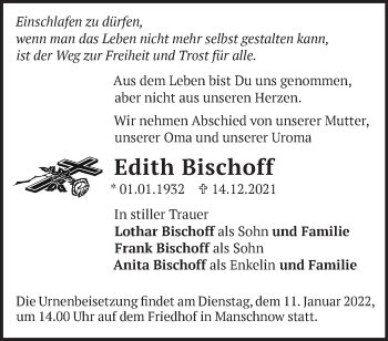 Traueranzeige von Edith Bischoff von Märkische Oderzeitung