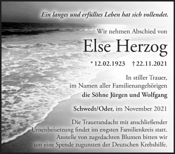 Traueranzeige von Else Herzog von Märkische Oderzeitung