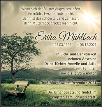 Traueranzeige von Erika Mühlbach von Märkische Oderzeitung